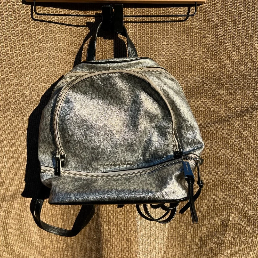 Michael Kors Mini Backpack MK Signature Women’s Leather Black Metallic Silver - Picture 2 of 12